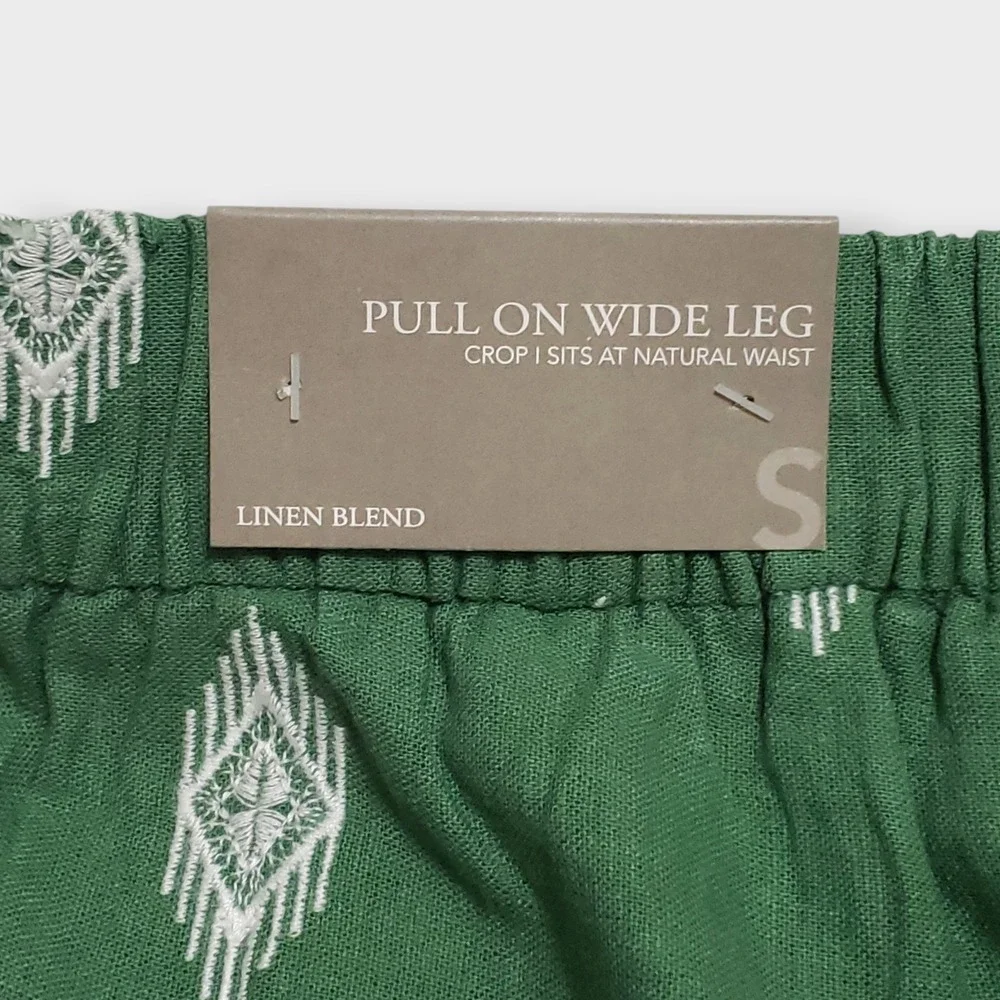 NWT Soft Surroundings Green Embroidered Linen Blend Wide Leg Crop Pants Small - Picture 6 of 12